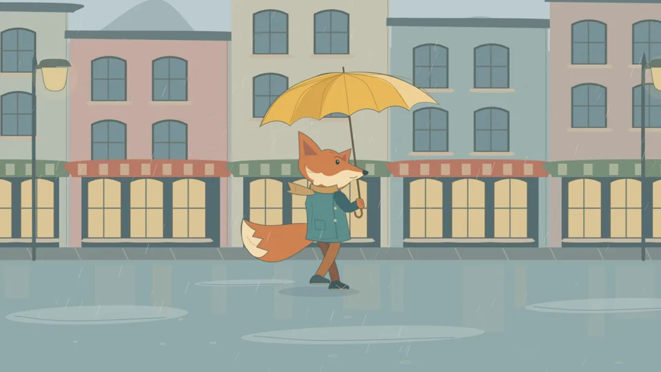 Fox in a yellow raincoat in a colorful storybook animation